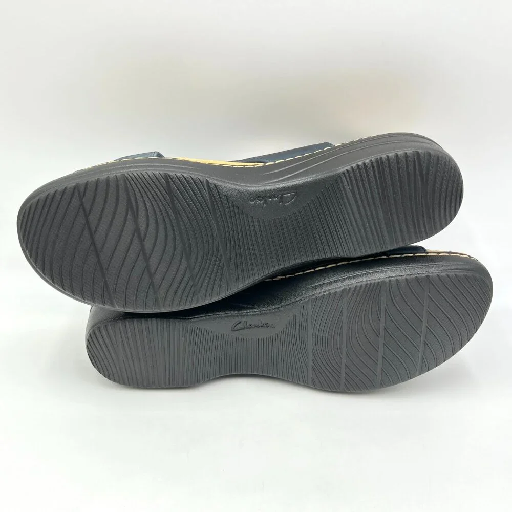 Clarks‎ Womens Size 12 Merliah Echo Navy Blue Leather Low Wedges Sandals Shoes